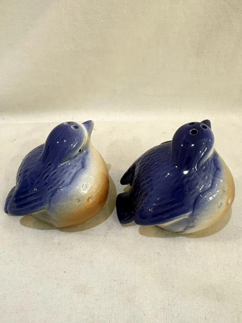 Vintage Hand Painted Ceramic Chubby Blue Bird Salt and Pepper Shaker Set